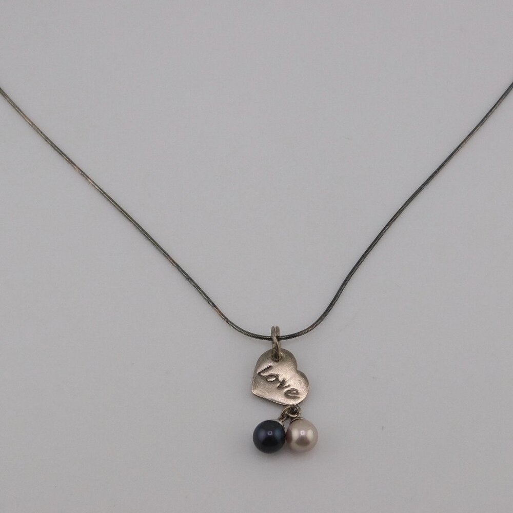 Sterling Silver 925 "Love" Heart Pendant Necklace w/ Pearls – 20” Chain